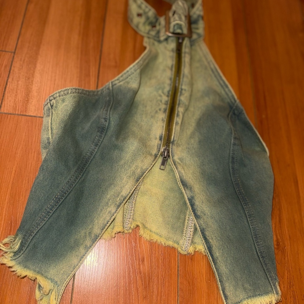 Jaded London Green Washed Denim Halter Top with Frayed Hem